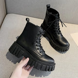 Women's Motorcycle Ankle Mid Heel Boots Lace Up Platform Spring Black Leather Oxford Shoes Women's Knee Ankle Boots Botas