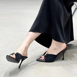 Breakj Spring And Summer New High-Heeled Metal Buckle Folded Tip-Toed Cool Slippers Sexy Fine And Lady Cloth