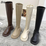 Autumn Winter Women Long Boots PU Leather Ladies Zipper Knight Flats Heel Boots Fashion Non Slip High Heel Knee-high