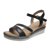 Breakj Size Female Sandals 2023 New Wedge Low Heel Casual Sandals Female One Word Buckle Wedge Roman