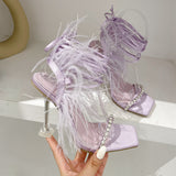 2024 New Catwalk Style Square-Headed Women's Shoes Diamond Feather With