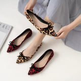 Bow-knot leopard pattern flats woman ballerina plus size 40-43 sneaker shoes women loafers pointed toe flock