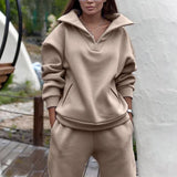Women Knitted Two Piece Sets Cropped Lapel Zipper Top And Slim Lace Up Pant Fashion Autumn Winter Sweater