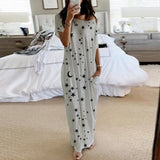 Summer New Fashion Striped Strapless Dress Loose Round Neck Short Sleeve Long Dress Casual Elegant Moon Star Printing