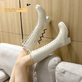 New Thicken Winter Knight Boots Women Knee High Long Square Heel Boots Retro Thick Motorcycle Boots Black White