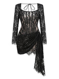Long-Sleeved Sexy Lace Fish Bone Girded Waist Dress Autumn And Winter New Short
