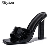 Fashion Purple Snake Print Patent Leather Slides Women High Heels Mules Ladies Prom Slippers Square Toe Sandals