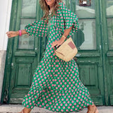 Summer Women New Fashion Casual Patchwork Printed Puff Sleeves Long Dress Elegant Slim V Neck Streetwear Elegant
