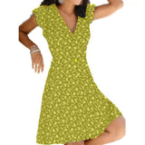 Summer 2021 New Casual Floral Print V Neck Pullover A-line Dress Fashion Short Sleeves Elegant Office Lady Party