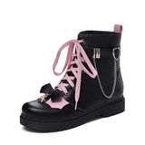 Martin Boots Plus Size Women Lolita Thick-Soled Lace Up Shoes Gothic Bat Wings Darkness Black Motorcycle Booties Metal