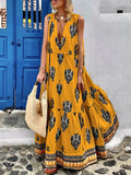 Elegant Printed Sleeveless Long Dress Boho Lady Casual Loose Lace Up Holiday Dress Summer Sexy Deep V Lace Big Swing Beach