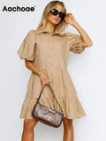 Women Solid Color Mini Dress Summer Puff Short Sleeve Chic Dresses Turn Down Collar Loose Shirt Dress Vestidos