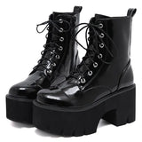 Woman Lace Autumn Boots Womens Ladies Chunky Wedge Platform Black Patent Leather Ankle Boots Punk Goth New Arrival