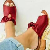 Women Bow Square Heels Slippers Female Simplicity Peep Toe Elegant Shoes Ladies Fashion Leisure Summer Zapatillas