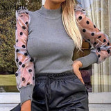 Woman Turtleneck Slim Polka Dot Puff Long Sleeve Blouses Shirts Thin Casual Mesh Shirts Tops Autumn
