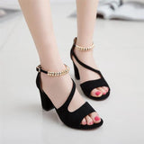 summer sexy fish mouth hollow Roman sandals thick with word with beaded high heels female summer Sexy female