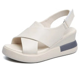 Black Genuine Leather Wedges Sandals For Women High Heels Platform Sandals Summer Casual Shoes