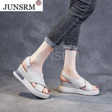 Black Genuine Leather Wedges Sandals For Women High Heels Platform Sandals Summer Casual Shoes