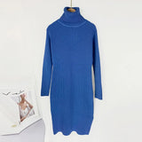 Solid Knitted Long Dress Women Autumn Winter Turtleneck Long Sleeve Sweater Dress Lady Split Loose Casual Dress