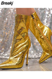 Style Sexy Women Boots 2023 New Trendy Thin Heels Metal Shiny Female Boots Pointed Toe Zipper Club Queen Mid Calf