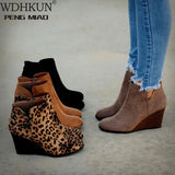 Pointed Toe Booties Winter Women Leopard Ankle Boots Footwear Platform High Heels Wedges Shoes Woman Bota