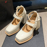 Design Buckle Pumps Thick Heels HIgh Heels for Lady Mary Jane Shoes Platform Waterprof JK Punk Shoes Footwear Square