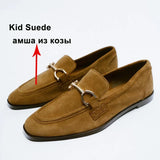 INS ZA Women Loafers Shoes Genuine Leather Flat Shoes Metal Decoration Round Toe Ladies Footwear Spring Autumn Black