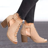 2020 Women Square Heel Sandals Peep Toe Hollow Out Chunky Gladiator Sandals With Strap Black Spring Summer Shoes