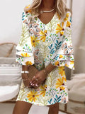 Women Fashion Printed V-Neck Three-quarter Sleeve Dress Spring Casual Loose Commuter Dress Summer Office Temperament Chic