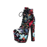 Lacing Very Ultra High Heel Boots For Women Fashion Flowers Vintage Ankle Boots Ladies Party Shoes Spring Autumn Big