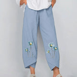 New Floral Print Cotton Linen Pants Fall Summer Loose Irregular Elastic Waist Wide Leg Pant Casual Elegant Pocket