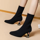 Women's Boots TGHDOF Fabric High Heel Autumn Sock Boots Women Fashion Zipper Pumps Pointed Toe Slip on Zapatos Para