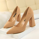 Breakj Simple Thick Heel High Heel Suede Shallow Pointed Professional OL Show Thin Women's Shoes High Heels Single