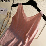 shiny Knitted Top Summer v-neck diamonds Tank top Women Slim Top Female bling sleeveless t-shirt Vest