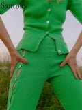 Y2K Basic Tracksuit Women Lounge Home Wear Skinny Knitted Short Sleeve Hollow Out Tops And Wrap Pants Two Piece Set