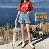 New Summer Women High Waist Wide Leg Denim Shorts Casual Female Loose Fit Streetwear Solid Color Straight Jeans