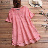 Womens Lace Shirts Fashion 2022 ZANZEA Embroidery Tops Button Short Sleeve Shirts Female Asymmetrical Blusa