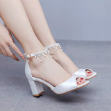 Breakj Cm Fish Mouth High Heel Sandals Shallow Large-Size Round-Headed Beaded Thaigou High Heels Bridal Wedding Silk Satin