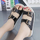 Leather Womens Sandals Summer Beach Shoes Women Slipper Plus Size Buckle Slide Sandals Comfort Thick Sole Slippers