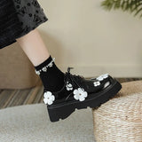 French Retro Sweet Lolita Loafers Wedges Cute Flowers Genuine Leather Lace Up Gothic JK Uniform Shoes High Heel Platform