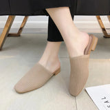 Women Mules Slippers Female Summer Flats Sandals Knit Fabric Stretch Slides Holiday Beach Shoes Square Heel Square Toe