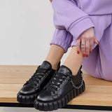 Women New Autumn Pu Leather Lace-Up Sneakers Solid Thick Sole Platform Skateboard Shoes Metal Chain Casual Vulcanized