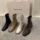 High-Heeled Square Head Thin French Short Boots Women's Shoes 2024 New Spring And Autumn Single Boots Brown Martin
