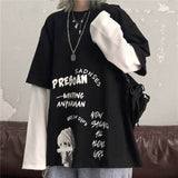 Black Letter Print Tshirt Loose Punk T-Shirts Womens Autumn High Street T Shirts Funny Long Sleeve Tshirt Streetwear