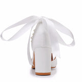 Breakj Cm Thick Heel Pointed Sandals With Shallow Female Sandals White Beaded Wedding Bride High Heels Large-Size