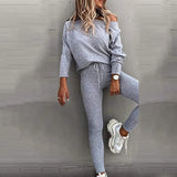 Sportswear Women Fashion Casual Solid Fit One Shoulder Top Long Pants Set Long Sleeve Top & High Waist Drawstring Pants