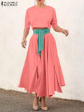 Elegant Dress Sets Women Summer Short Sleeve Button Up Top High Waist Belted Skirts ZANZEA Casual Lady Oversized Matching Sets