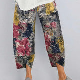Fashion Loose Plus Size Elastic Waist Cropped Pants Casual Irregular Wide Leg Pants Multi-color Print Cotton Linen