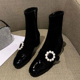 Ankle Boots Woman Pearl Mid Heel Shoes Female Zipper Flower Pu Pointed Toe Comfort Ladies Shoe Elegant Women