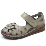 Genuine Leather Sandals Women Summer Shoes Flowers Flat Heel Comfortable Hollow Cover Toe Shoes Woman Sandals Big
